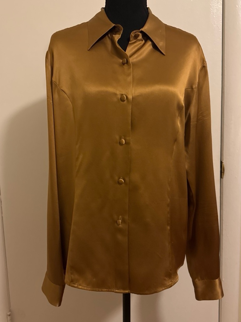 Vintage Bushwacker 100% Silk Bronze Satin Button Down Blouse Size L